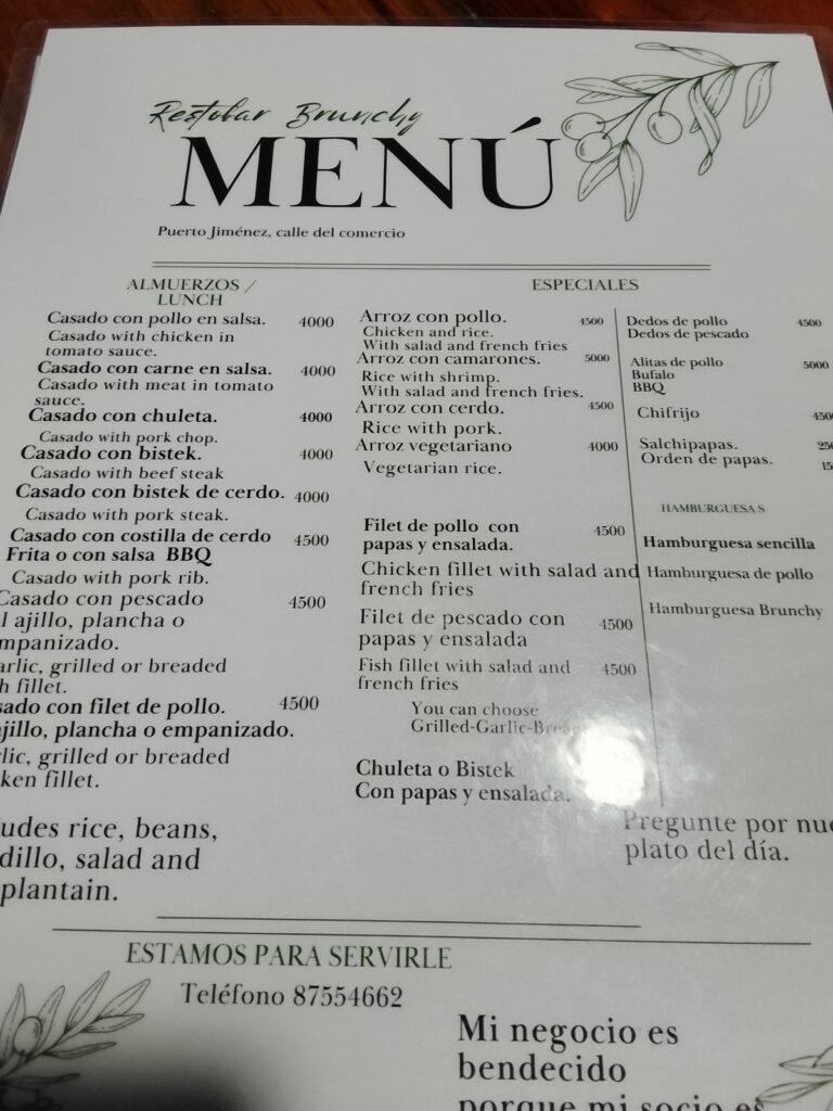 Menu for restaurant Brunchy Puerto Jimenez Osa peninsula Costa Rica
